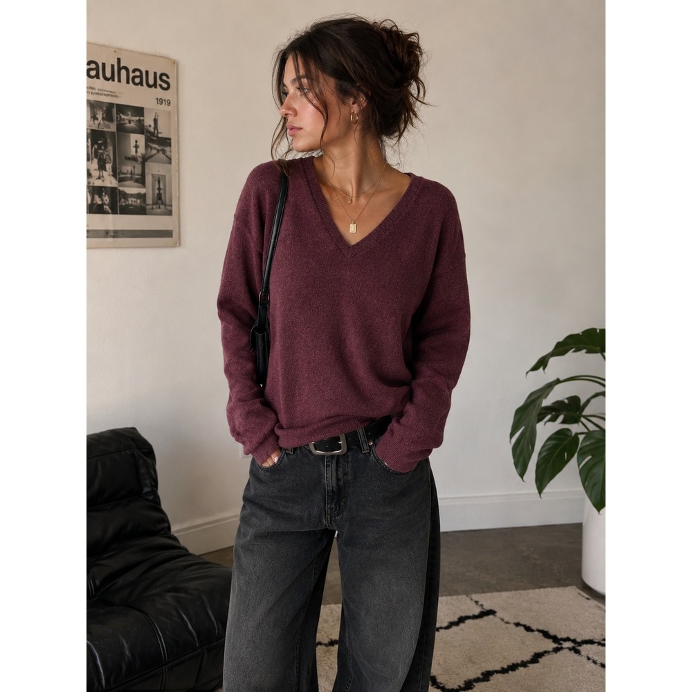 Vintage Pokara 100% Virgin Wool Burgundy V-Neck Sweater Made in Spain Size L